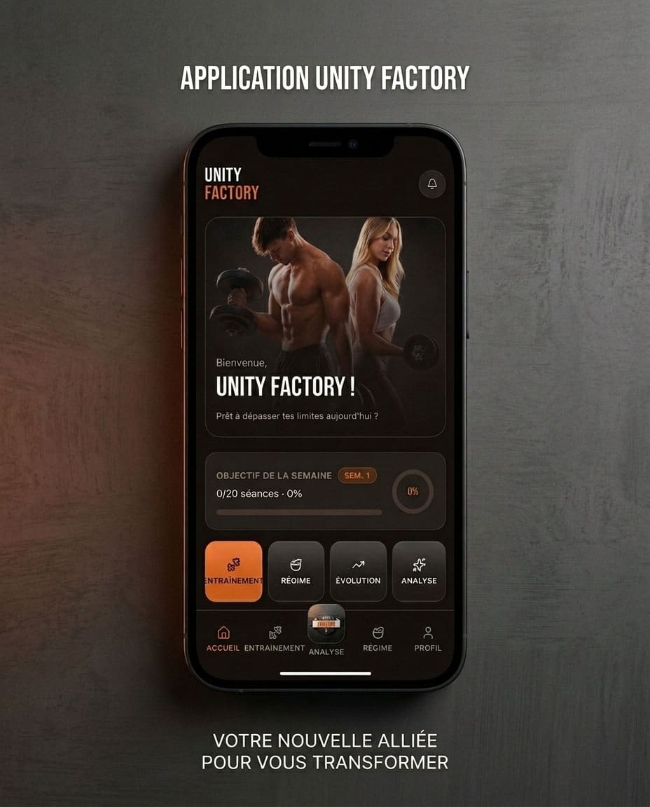 Application Unity Factory affichée sur un smartphone — votre nouvelle alliée pour vous transformer