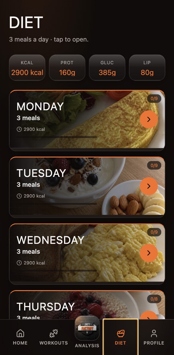 Nutrition plan with daily meals and macros in the Unity Factory app